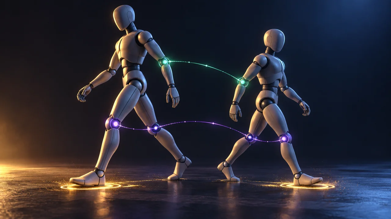 Two articulated mannequins with different proportions linked by luminous joint markers