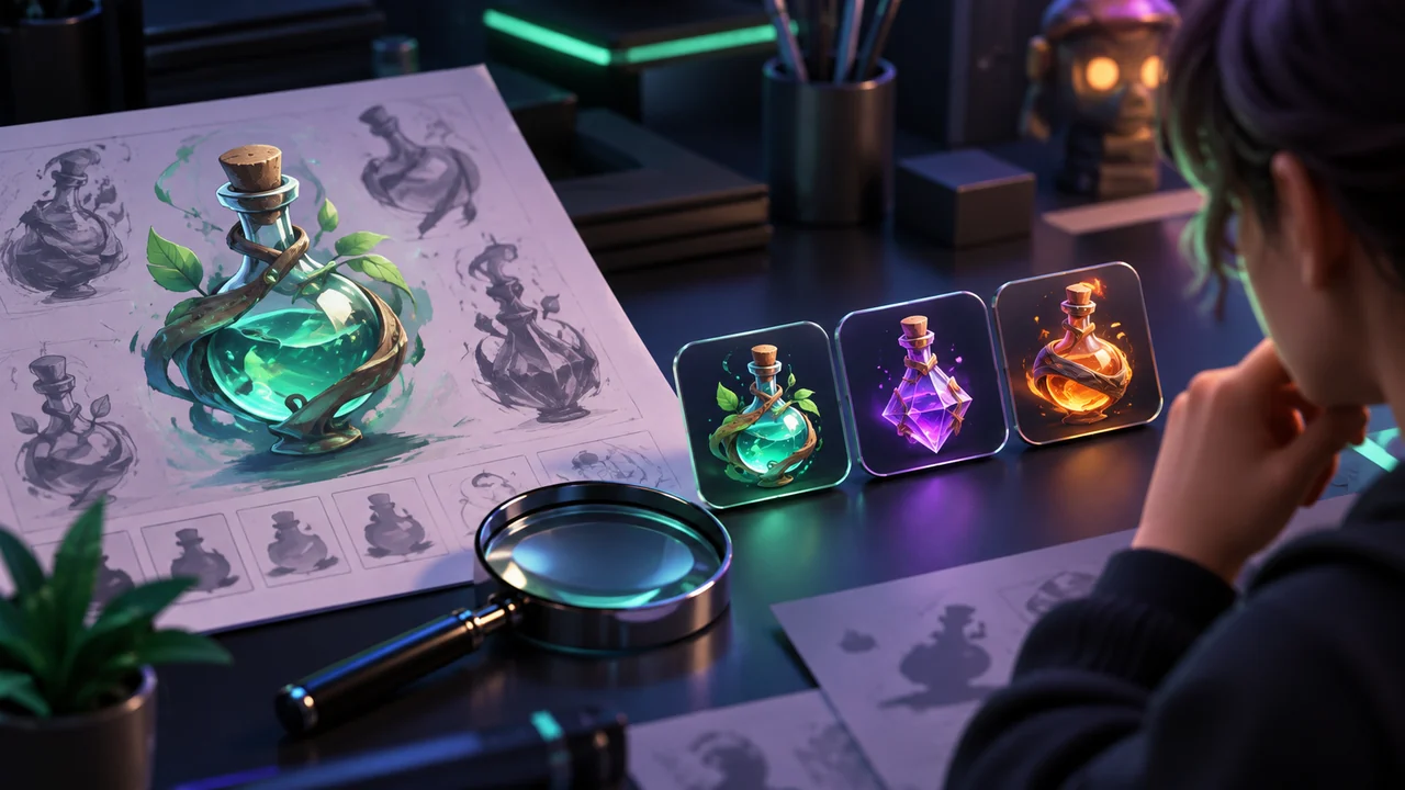 Small potion icons and a magnifying glass on a dark studio workbench