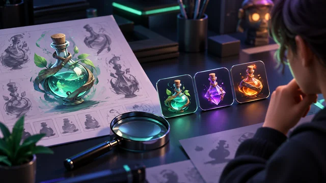 Small potion icons and a magnifying glass on a dark studio workbench