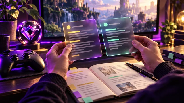 An editor reviews language cards beside a controller and glossary