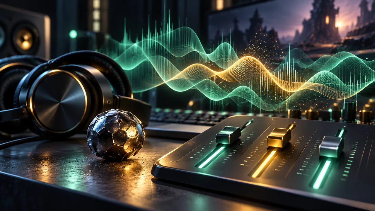 Waveform ribbons, audio faders and a metallic impact object on a studio desk