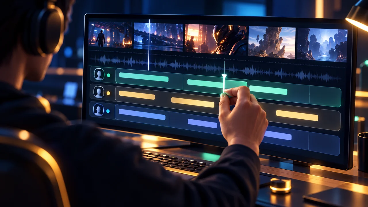 A reviewer adjusts subtitle timing strips at a dark studio workstation