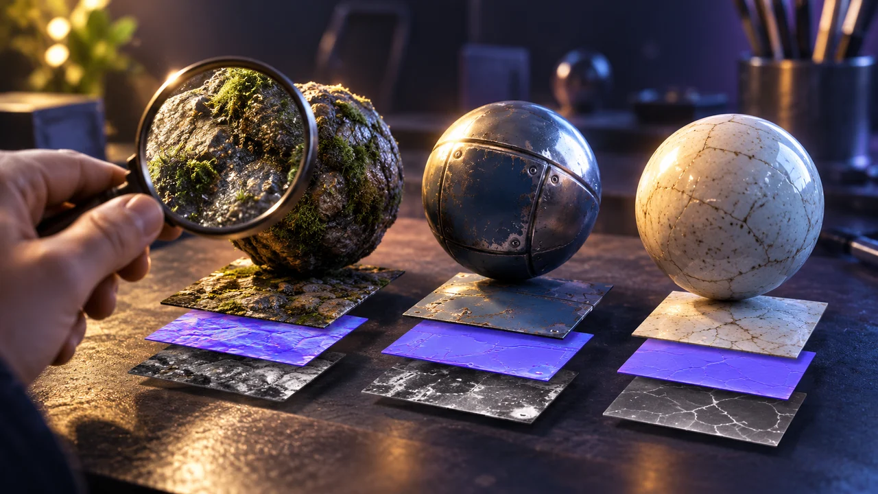 An artist inspects rock, metal and ceramic material spheres above texture-map swatches