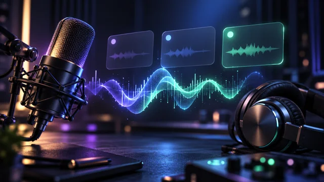 A microphone and headphones beside abstract voice waveforms