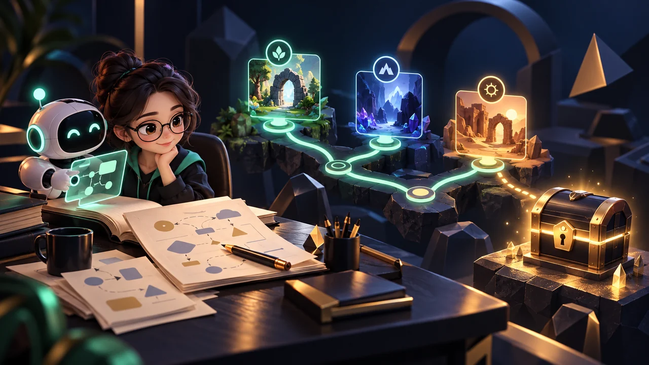 A miniature branching quest path, a closed chest and a writer's desk