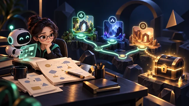 A miniature branching quest path, a closed chest and a writer's desk