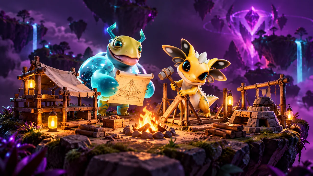 Two AneeMate creatures preparing a miniature camp under violet studio lighting