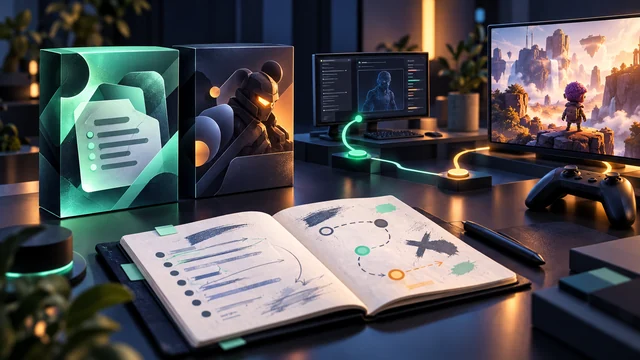 Two software packages, a journal and a branching path on a studio desk