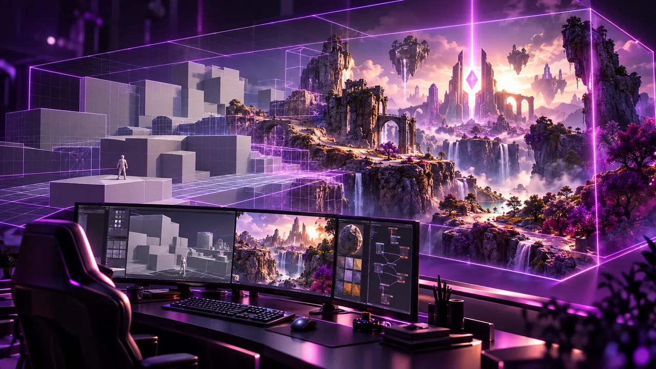 A game environment progressing from geometric blockout to a detailed fantasy landscape