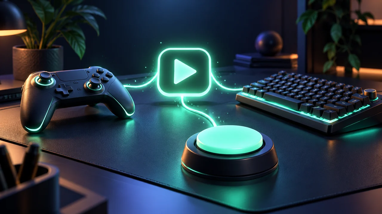 A keyboard, controller and large switch connected to the same action symbol