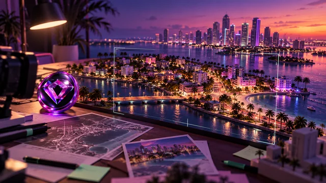 An original coastal-city maquette on a violet-lit game studio desk