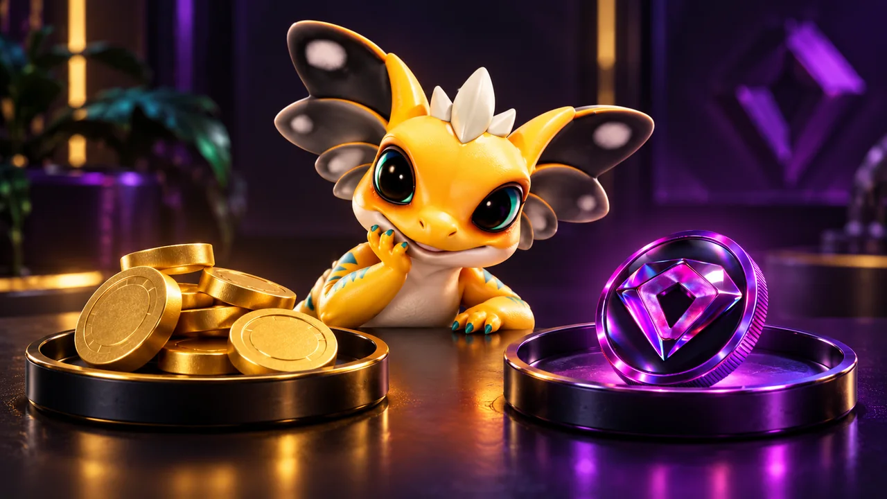 Separate trays of matte gold game coins and a violet diamond token beside an AneeMate creature