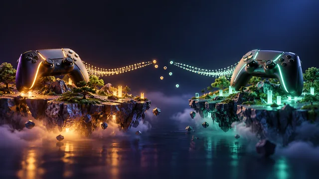 Two controllers above miniature islands linked by interrupted luminous paths