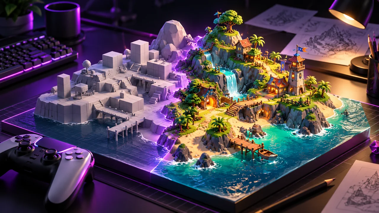 A game island changing from grey blockout into a finished environment on a studio table
