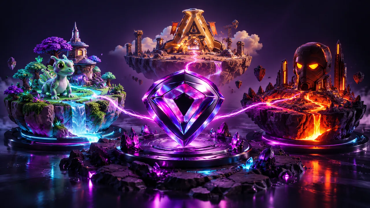 A violet diamond connecting three illustrated game worlds