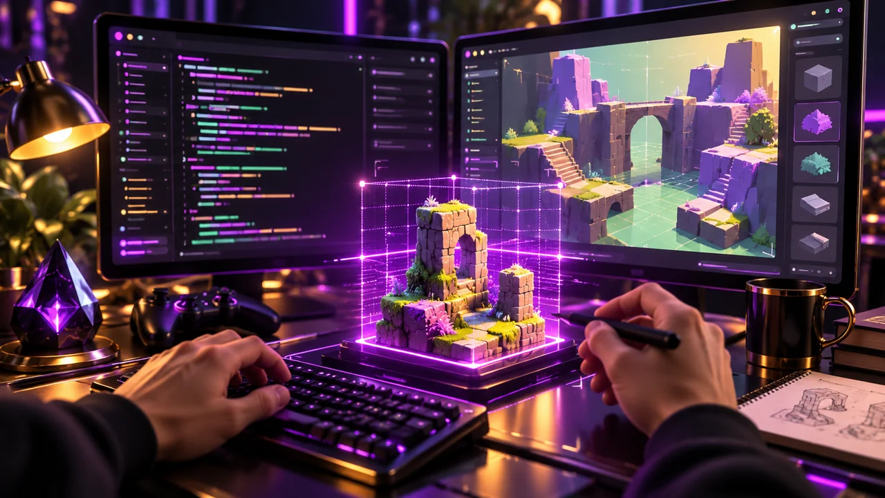 A violet inspection grid over a game-development workstation and a small model