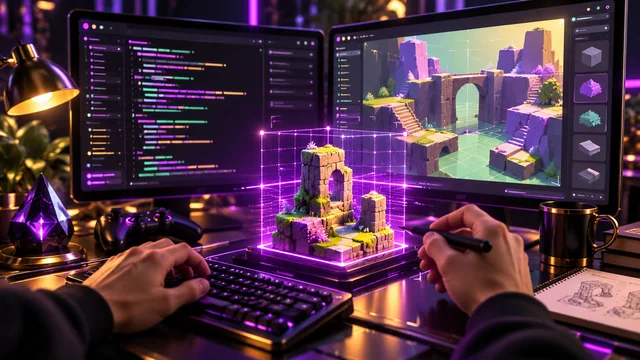 A violet inspection grid over a game-development workstation and a small model