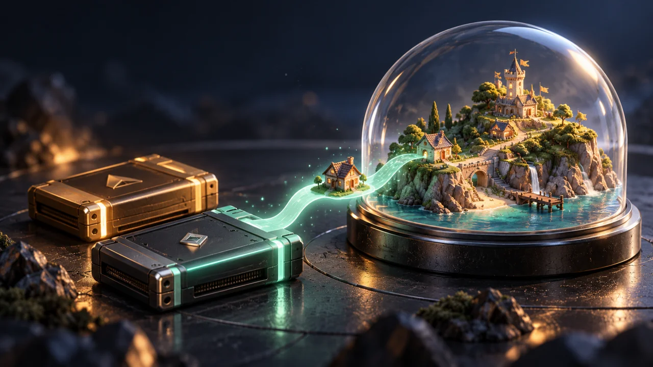 An island diorama under glass beside preserved archive cartridges