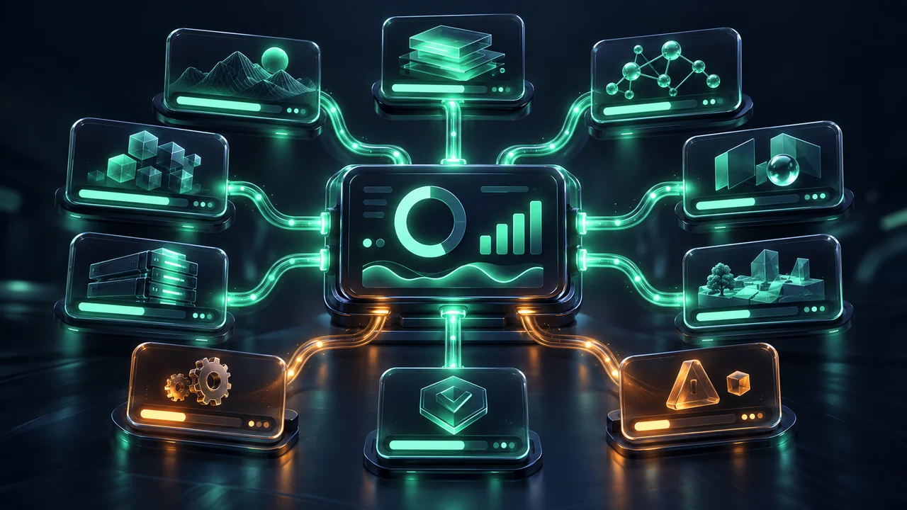 Nine glass data channels converge on a studio dashboard, seven mint and two amber
