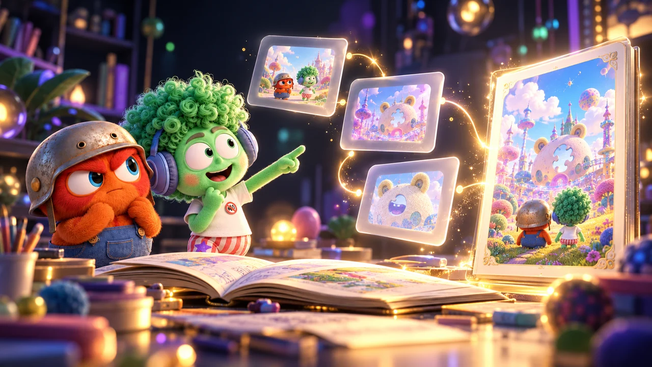 TAMITOS characters beside an open storybook and linked picture cards
