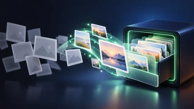 Abstract photograph frames reconnect to a media archive in a dark mint-lit studio
