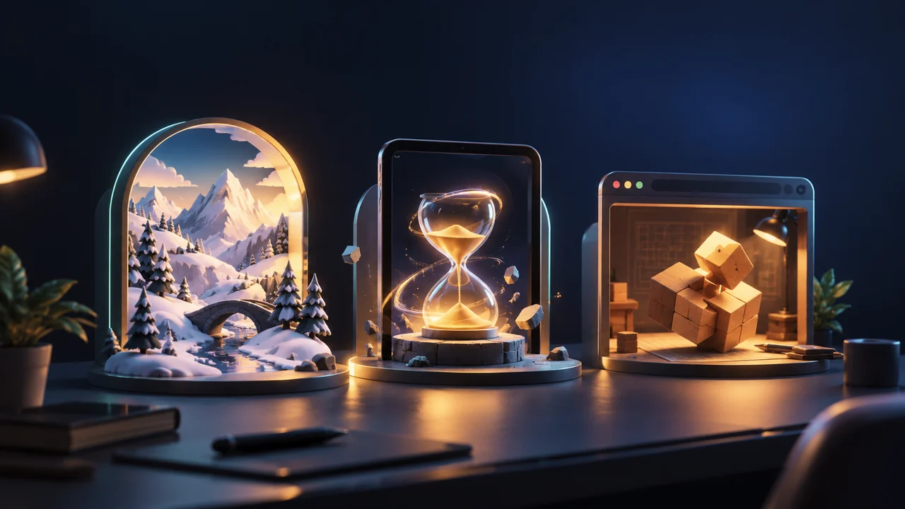 Three distinct miniature doorways represent an adventure, an upcoming tablet app and browser play