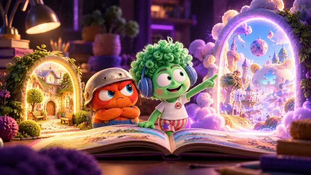 TAMITOS characters beside an open book and two imaginative doorways