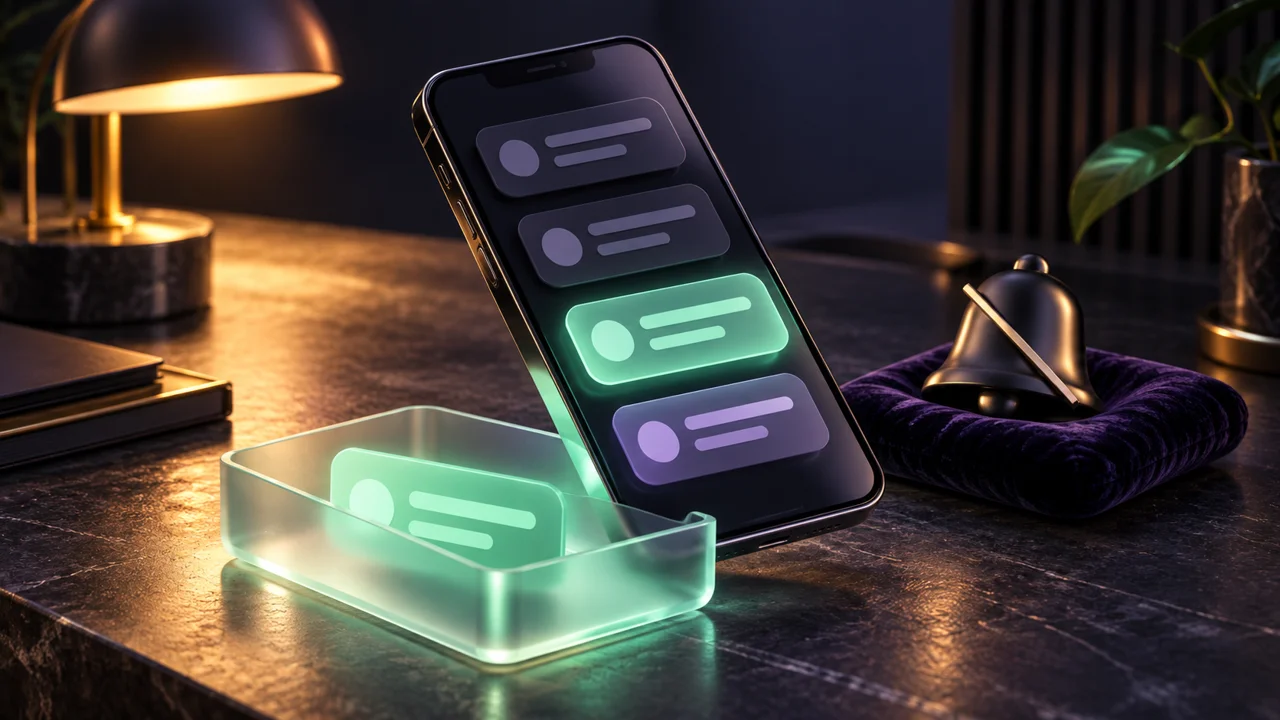 A phone with abstract inbox messages beside a muted bell on a desk