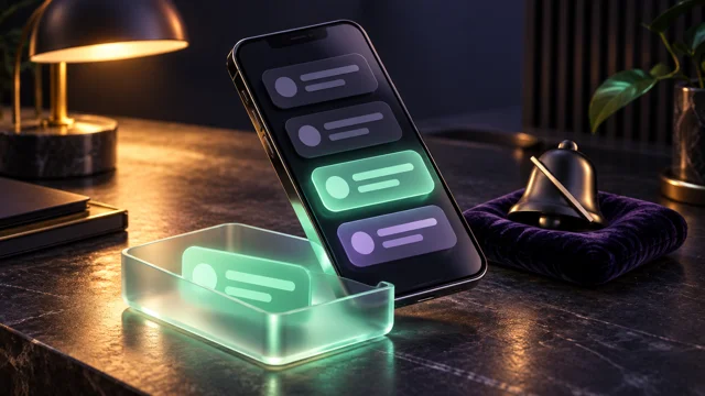 A phone with abstract inbox messages beside a muted bell on a desk