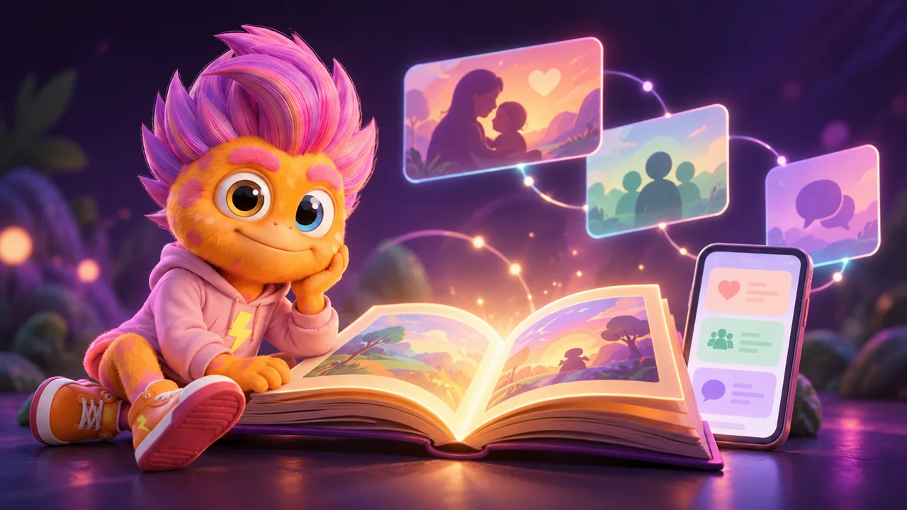 Zoomie beside an open book and a phone, with softly glowing community cards