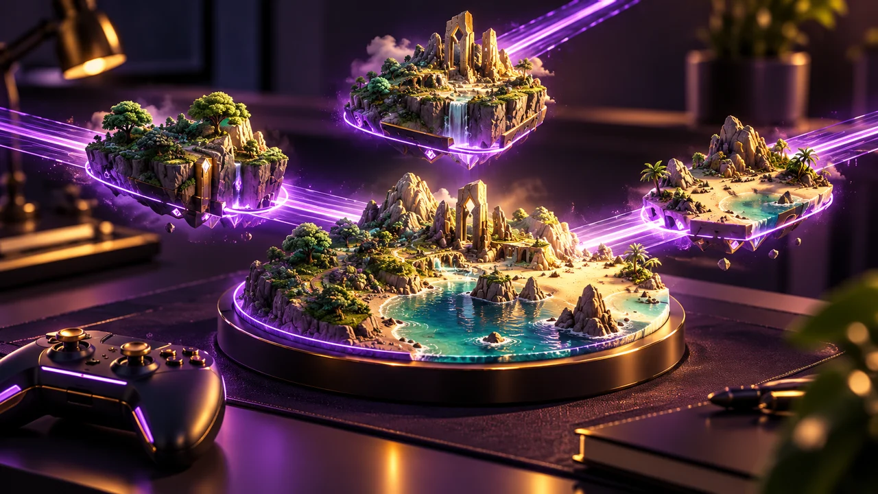 Miniature landscape modules join a coherent island on a developer desk
