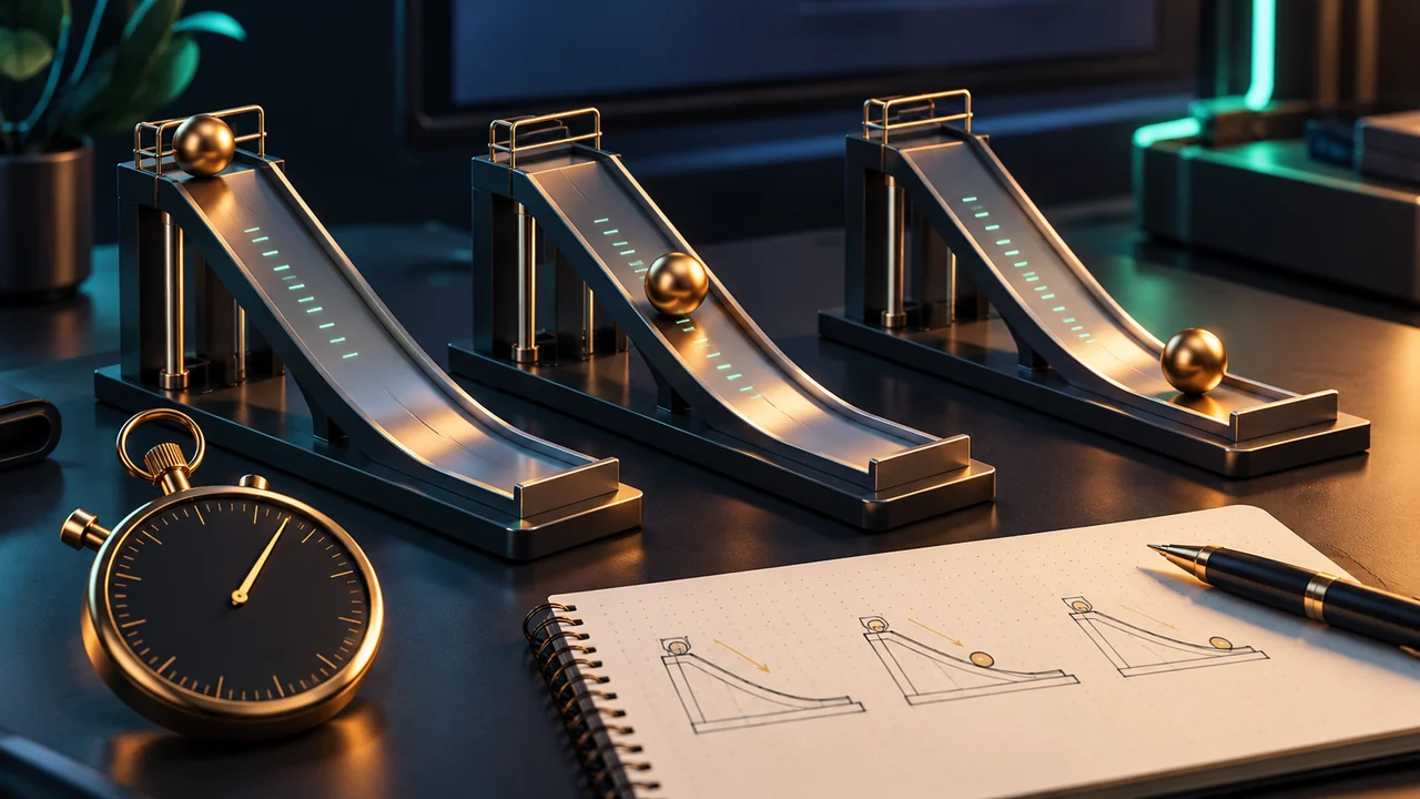 Bronze balls and identical miniature ramps represent a repeatable physics comparison