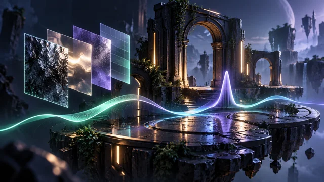 A stone scene with shader tiles and an abstract timing ribbon