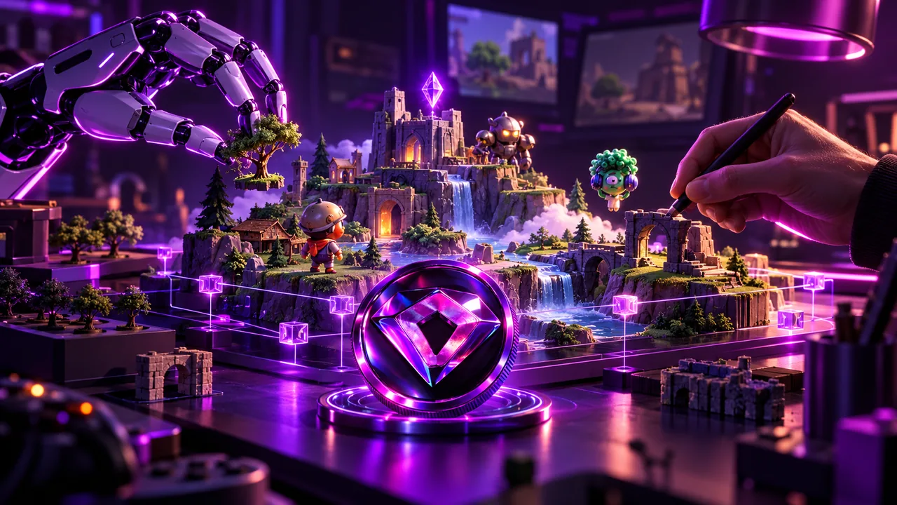A game world taking shape on a creative workstation in violet light