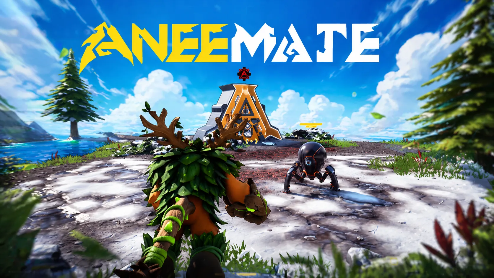 AneeMate key art: the AneeMate logo over the island, a player creature facing a scout drone